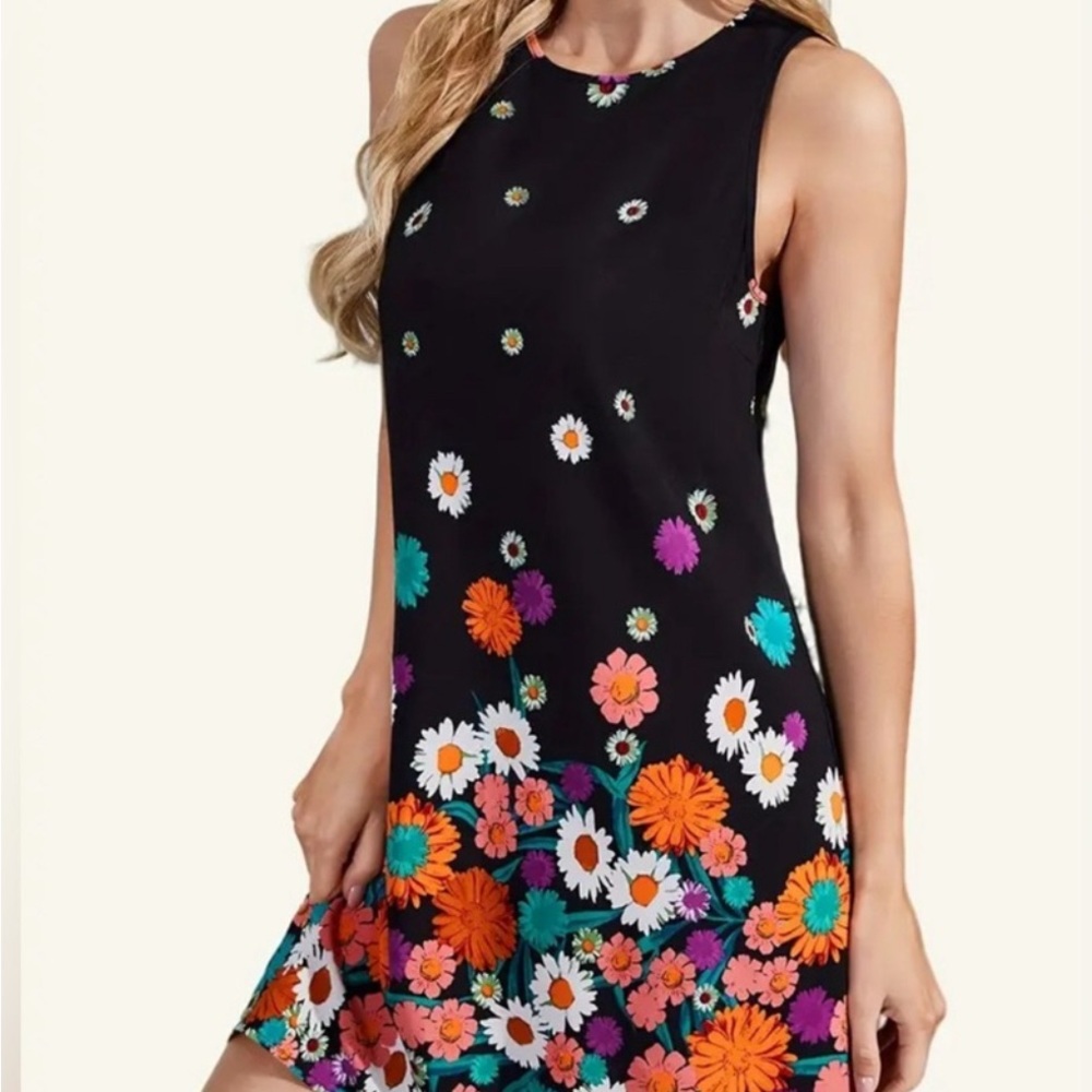 Floral Sleeveless Black Dress